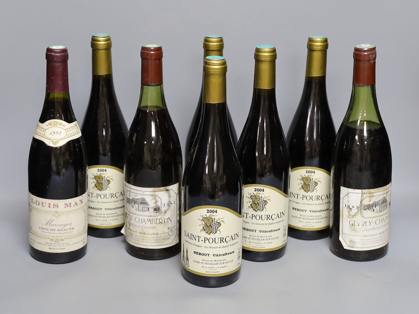 A bottle of 1992 Louis Hay Cote de Beaune, two bottles of Gevrey-Chambertin 1982 and five bottles of Saint Pourcain 2004